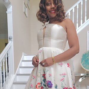 Evening Gown with printed  flower single shoulder.